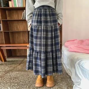 여성 체크 캉캉 롱스커트 밴딩 치마 -WSK0195- 가을 겨울