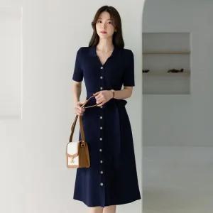 XXL까지) 오제인 오픈카라 벨트 니트 원피스 반팔 여름 하객룩 오피스룩 데이트 모임 미시 빅사이즈