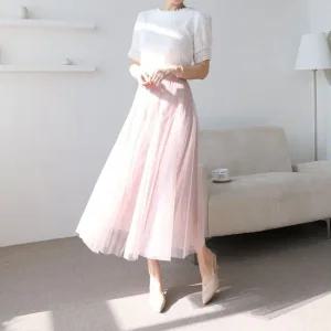 여자 봄 여름 가을 밴딩 무지 샤 롱스커트 간절기 핏이 예쁜 편한 망사 긴치마