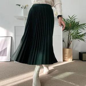 여자 봄 가을 겨울 밴딩 스판 무지 플리츠 롱스커트 주름 치마