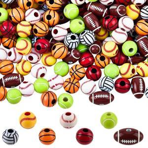 포나베이디 1박스 140PCS 스포츠 볼 비즈와 구멍 아크릴 야구 럭비 농구 테니스 배구 스페이서 보석 제작용 불투명 비드 벌크 팔찌 목걸이 열쇠고리 DIY 공예 용품