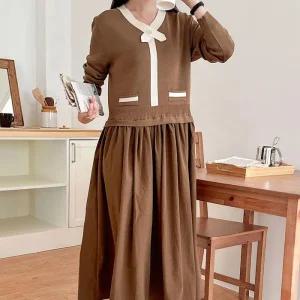 여자 투피스느낌 배색 진주리본 가을 롱원피스_4