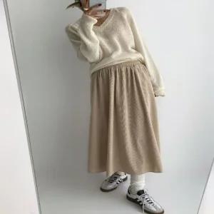 여성 3컬러 가을 겨울 허리밴딩 골덴패턴 롱스커트 (WFK5KY1)