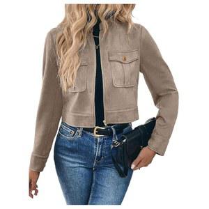 베르두사 여성용 집업 크롭 재킷 인조 스웨이드 긴 소매 오토바이 카고 주머니 포함