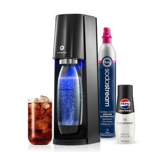 소다스트림 - E-테라 소다 메이커 스타터 키트 자동 탄산화 레벨 3개 CO2 실린더 1개, 32 Fl Oz 식기세척기 안전 병 펩시 제로 슈가 믹스 전원 어댑터 1개 포함 블랙