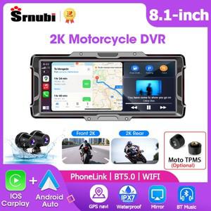 Srnubi 8.1인치 바이크 오토바이 DVR 2K 전후방 카메라 내비게이션 GPS 무선 카플레이 안드로이드 오토 모