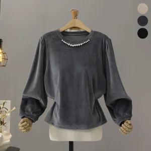 [모노시크] 아이올 벨로아 진주 셔링 티셔츠_MNTG424