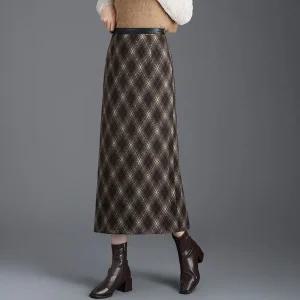 여성 스커트 H라인 체크 롱 가을 겨울 일자 처짐 슬림 트임 랩 원 픽4 OP4
