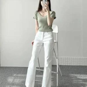 여자 파스텔 부츠컷 스판 봄옷 흰색 면바지_3