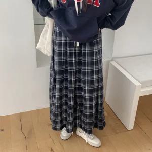 와즈니 체크 밴딩 롱스커트 