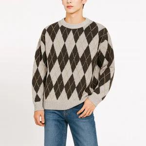 [디바옴므]아가일 체크 라운드 니트 티셔츠 겨울 맨투맨 단가라