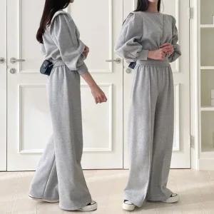 여성 겨울 기모 면 무지 퍼프 크롭 맨투맨 와이드 팬츠 트레이닝 세트 츄리닝 투피스 PST0280S