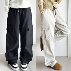 [탄탄소재/활동성UP] 기모 립스탑 카고 와이드 겨울바지 내구성좋은 허리밴딩 스트링 캠핑룩 커플바지 남녀공용 데일리룩 