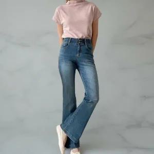 여성 워싱 신축성 하이웨스트 투버튼 나팔 청바지