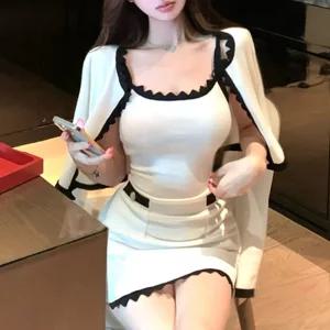 채핏 디온 가디건+원피스 세트 섹시 글램 미니 ops 니트 나시 슬리브리스 가디건 h라인 세트 