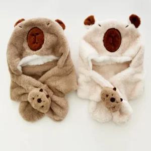 동물 후드머플러 캐릭터 모자 후드목도리 카피바라 털 목도리 넥워머 머플러 귀마개 넥워머 목도리