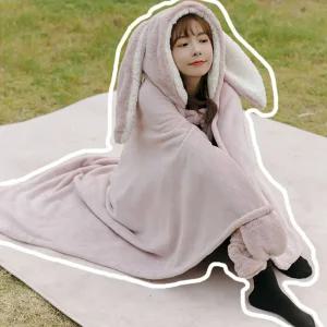 빼다 귀여운 토끼 입는 롱후드 망토 캠핑 극세사 담요