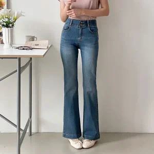 여자 하이웨스트 투버튼 워싱 속밴딩 부츠컷 청바지