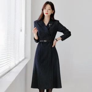 [시크라인] (~XXL까지) 하이루나 울혼방 스트라이프 벨트 원피스 겨울 하객룩 오피스룩 모임룩 격식룩 빅사이즈