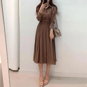 플 허리벨트 카라 원피스 패션 하객 단추