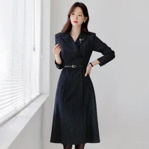 [시크라인] 하이루나 울혼방 스트라이프 벨트 원피스