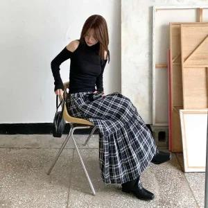 [다잇템] 여성용 고무줄 프릴 격자 콘트라스트 티어드 롱스커트