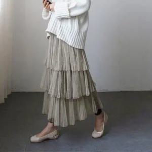 여성 쉬폰 프릴 3단 캉캉 허리밴딩 주름 롱 스커트