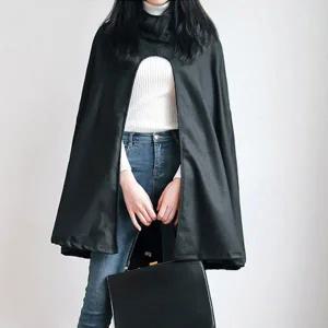 여성 후드 망토 스타일 루즈핏 하이넥 모직 케이프 코트 아우터