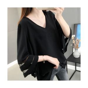 슬림소녀 여성 여름 브이넥 망사 7부 나팔소매 루즈핏 블라우스 데일리 통기 편안한 캐주얼 티셔츠 상의