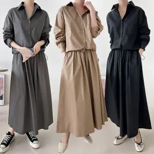 [유야]여성 밑단스트링 카라 셔츠 밴딩 롱스커트 세트 -ESST0108- 빅사이즈 루즈핏 오버핏 가을