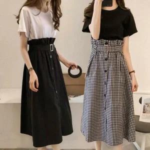 여성 무지 반팔티 벨티드 a라인 스커트 투피스 세트