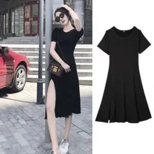 트임 인기 A라인 원피스 라운드 감성 블랙 반팔 이너