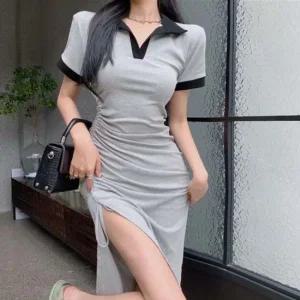 카라 배색 옆셔링 큐티 섹시 반팔 원피스