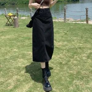 [다잇템] 여자 검정데님 면혼방 롱 캐쥬얼 슬릿 스커트