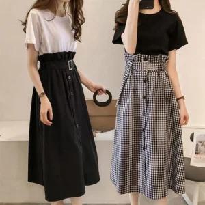 여성 무지 반팔티 벨티드 a라인 스커트 투피스 세트