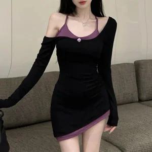 여성 홀터넥 레이어드 슬림핏 언발 미니 원피스