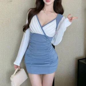 [하프클럽/]여자 글램핏 랩 브이넥 배색 셔링 미니 원피스