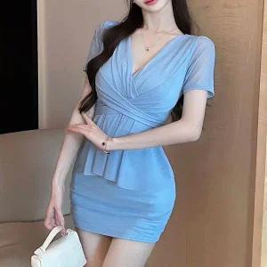 [하프클럽/]여자 무지컬러 시스루 셔링 슬림핏 반팔 미니 원피스