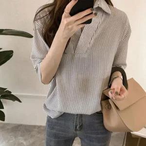 [하프클럽/]여자 클래식 노버튼 스트라이프 루즈핏 남방 셔츠