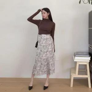 여성 꽃패턴 하이웨스트 머메이드 롱 스커트