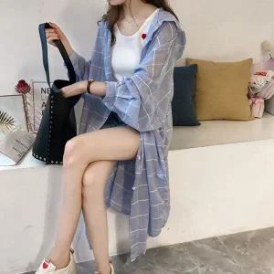 [하프클럽/]여성 주머니 남방 키치무드 롱 격자 남방