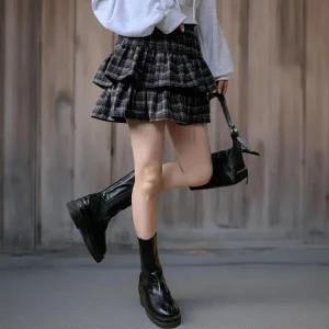 [하프클럽/]여성 체크 패턴 캉캉 미니 스커트 밴딩 디자인