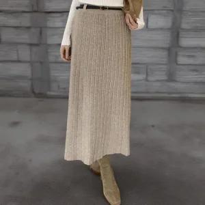 [하프클럽/]여성 클래식 세로 골지 벨트 포인트 니트 롱 스커트