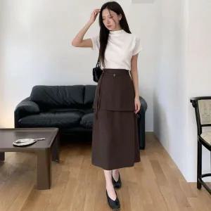 [하프클럽/]여성 기본 무지컬러 랩 스타일 A라인 벨트 롱 스커트