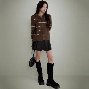 [하프클럽/]여성용 심플 스트라이프 두꺼운 카라넥 니트 가디건