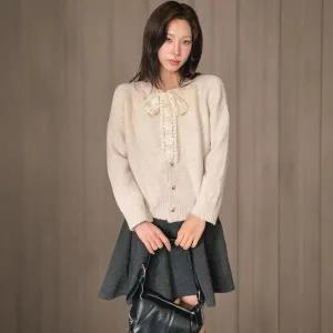 [하프클럽/]여성 레이스 리본 울 니트 가디건 단추 스타일