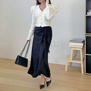 [하프클럽/]여성 클래식 프릴 트위드 퍼프 가디건 금장 버튼