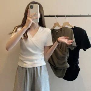 무지 베이직 여자 티셔츠 브이넥 올데이 셔링 면 모달