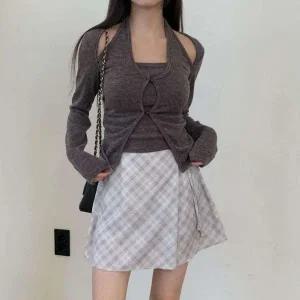 [하프클럽/]여성용 스판 레이온 홀터넥 슬림핏 니트 탑