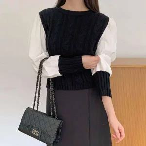 [하프클럽/]여성 케이블 니트 퍼프 볼륨 베스트